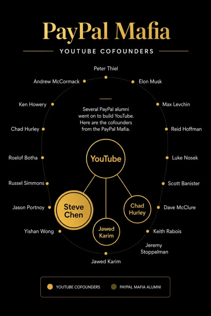 Black and gold infographic showing the PayPal Mafia network with YouTube cofounders Steve Chen, Chad Hurley, and Jawed Karim highlighted.