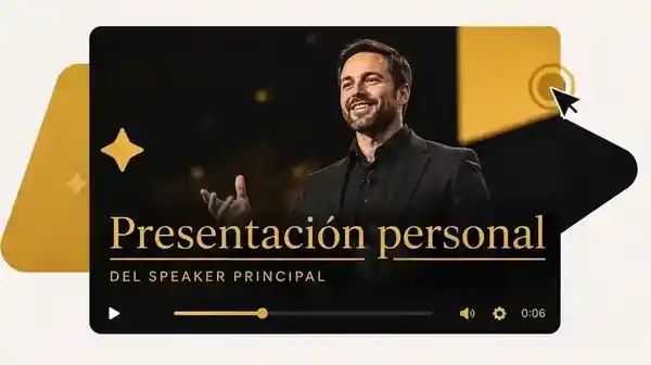 Spanish-language keynote speaker introduction video mockup in black and gold branding | Aurum Speakers Bureau