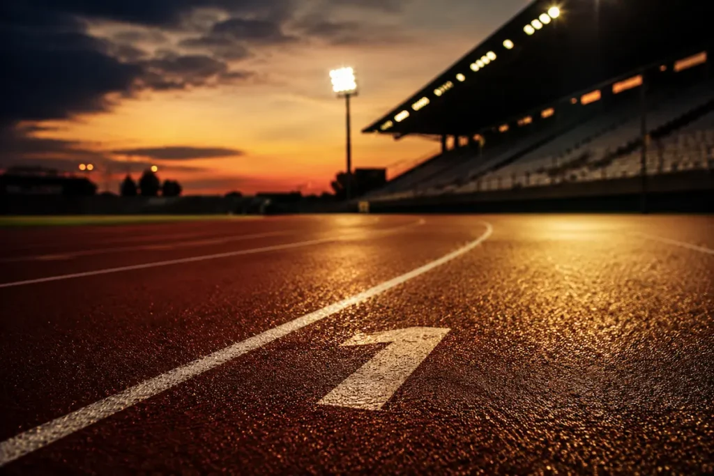 Floodlit athletics track at dusk - carl lewis mindset champion performance leadership | Aurum Speakers Bureau