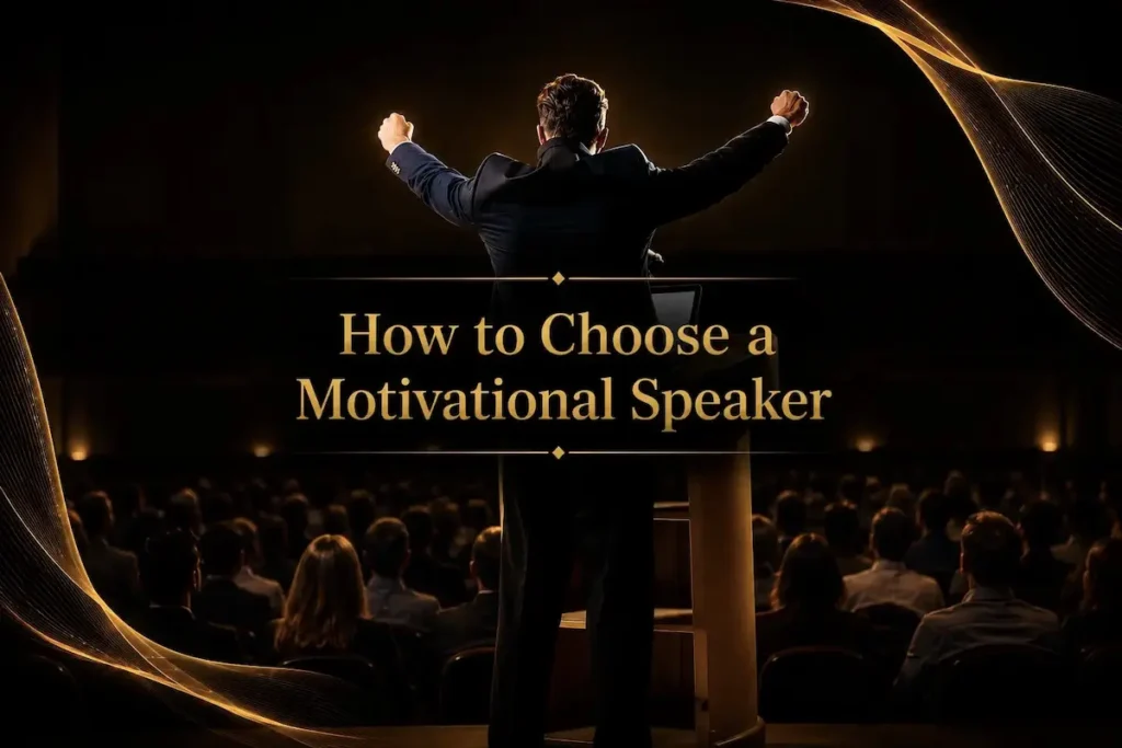 Speaker on a dark stage with arms raised before an audience - how to choose a motivational keynote speaker | Aurum Speakers Bureau