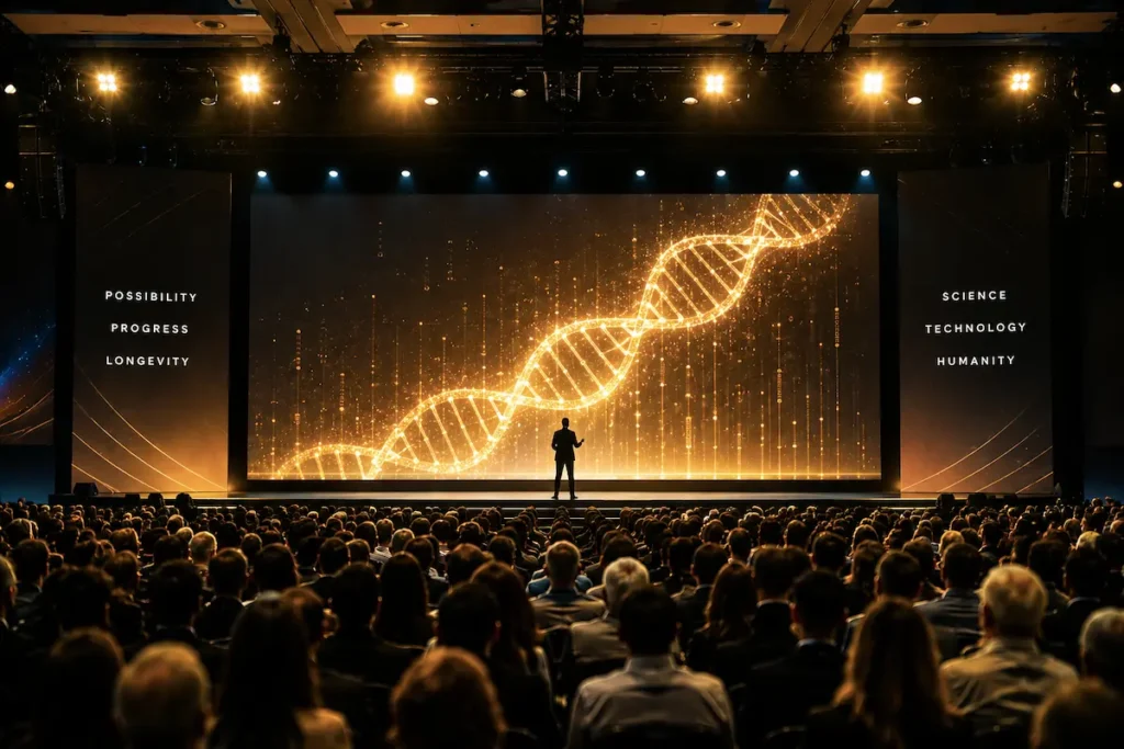 Glowing DNA helix dissolving into data streams - Peter Diamandis longevity revolution | Aurum Speakers Bureau