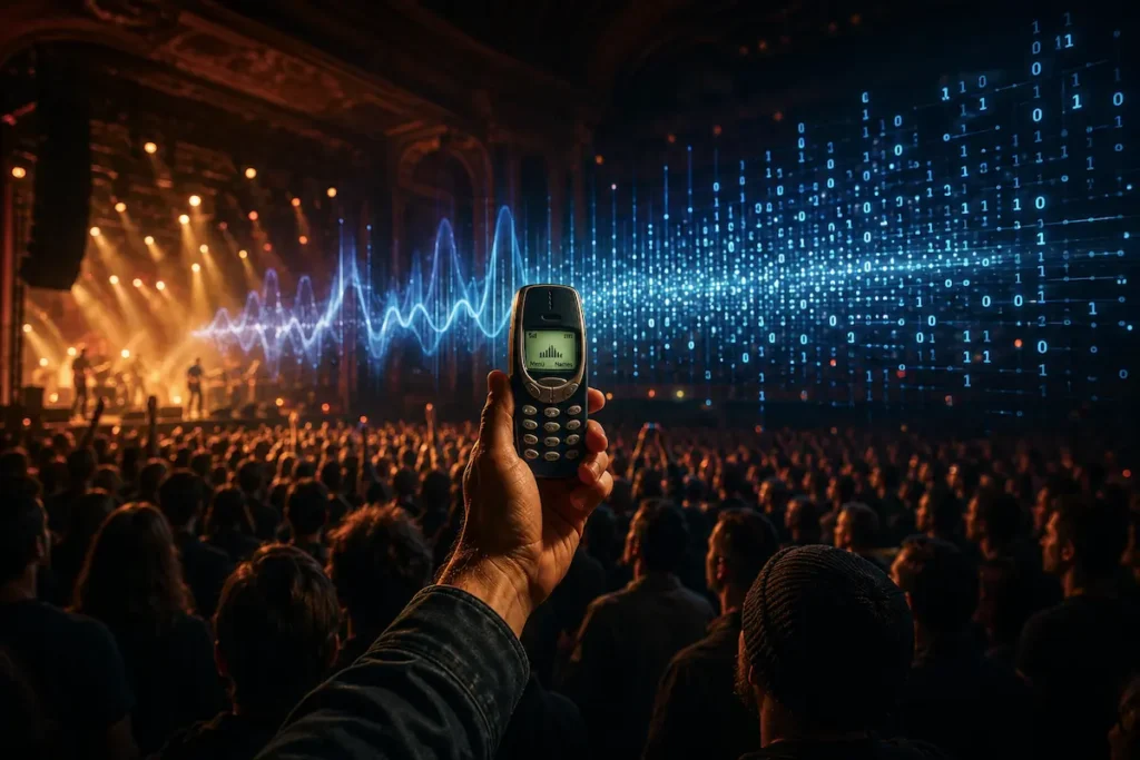 Vintage mobile phone capturing live concert audio as sound waves transform into digital data, illustrating innovation from simple beginnings.