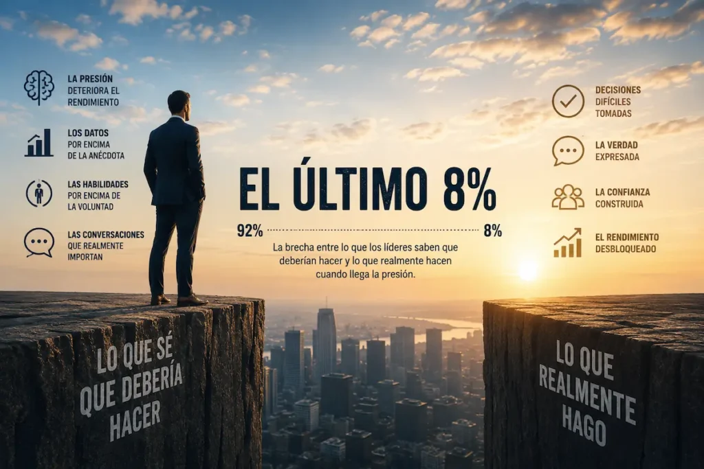 Ilustración conceptual que muestra la brecha entre saber qué hacer y actuar bajo presión, representando el desafío del Último 8%.