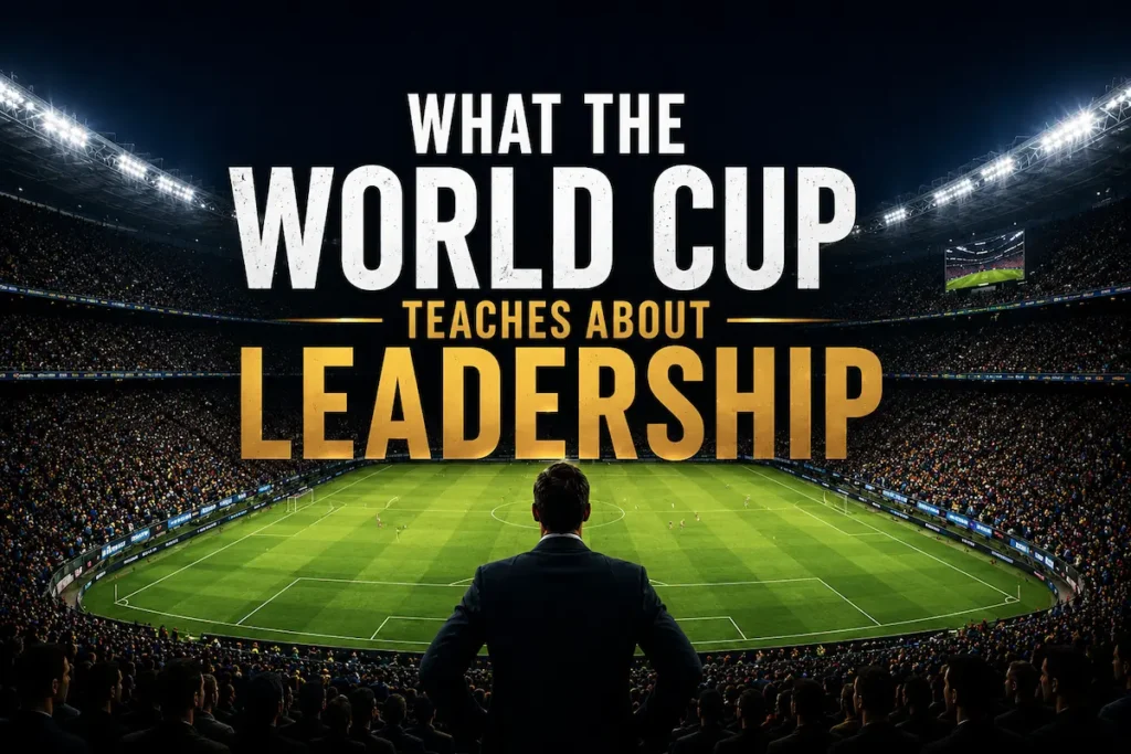 Packed World Cup stadium at night with a leader overlooking the pitch, illustrating leadership lessons from football.