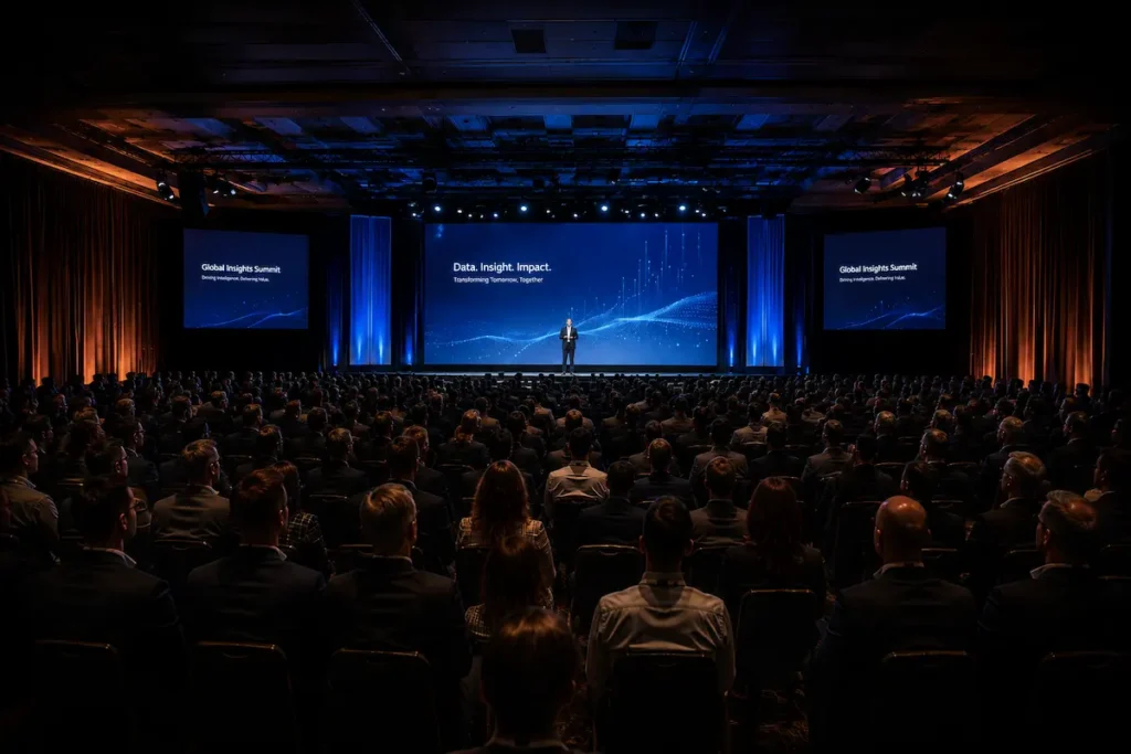 A corporate audience watching an AI keynote on a blue-lit stage - when to book an ai keynote speaker | Aurum Speakers Bureau