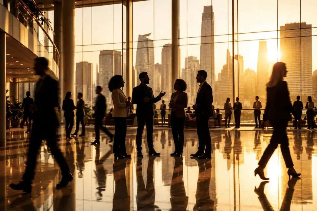 Business professionals talking in a sunlit corporate lobby with a city skyline at golden hour - best corporate culture keynote speakers | Aurum Speakers Bureau