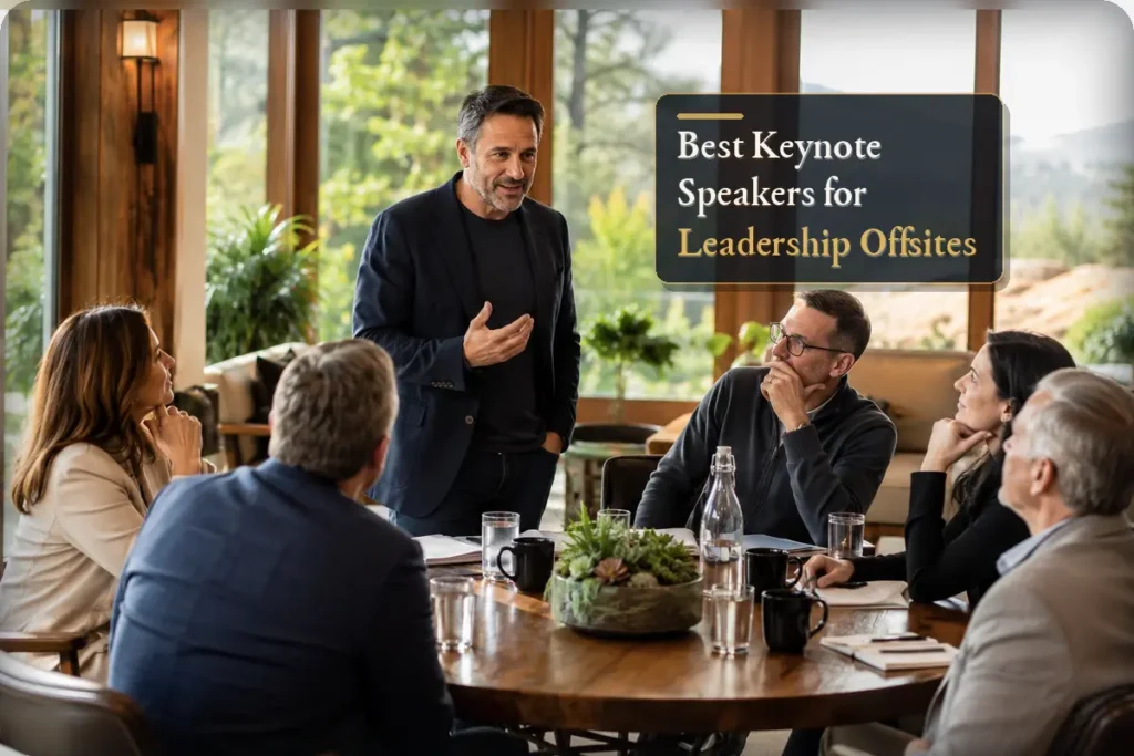 A speaker addressing a small group of executives around a table at a retreat, beside the title Best Keynote Speakers for Leadership Offsites - keynote speakers for leadership offsites | Aurum Speakers Bureau