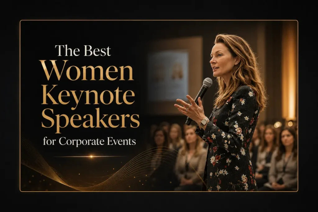 A woman speaking into a microphone to an attentive audience beside the title The Best Women Keynote Speakers for Corporate Events - best women keynote speakers for corporate events | Aurum Speakers Bureau