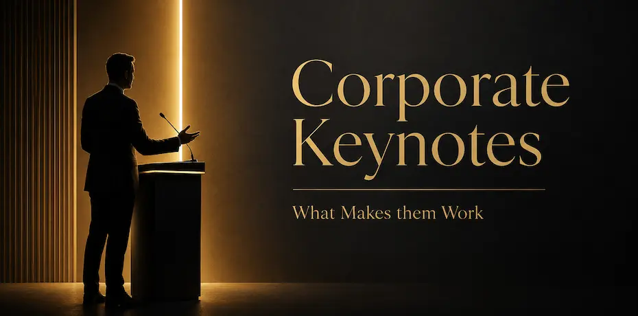Silhouette of a speaker at a lectern under warm stage light - what makes a corporate keynote successful | Aurum Speakers Bureau