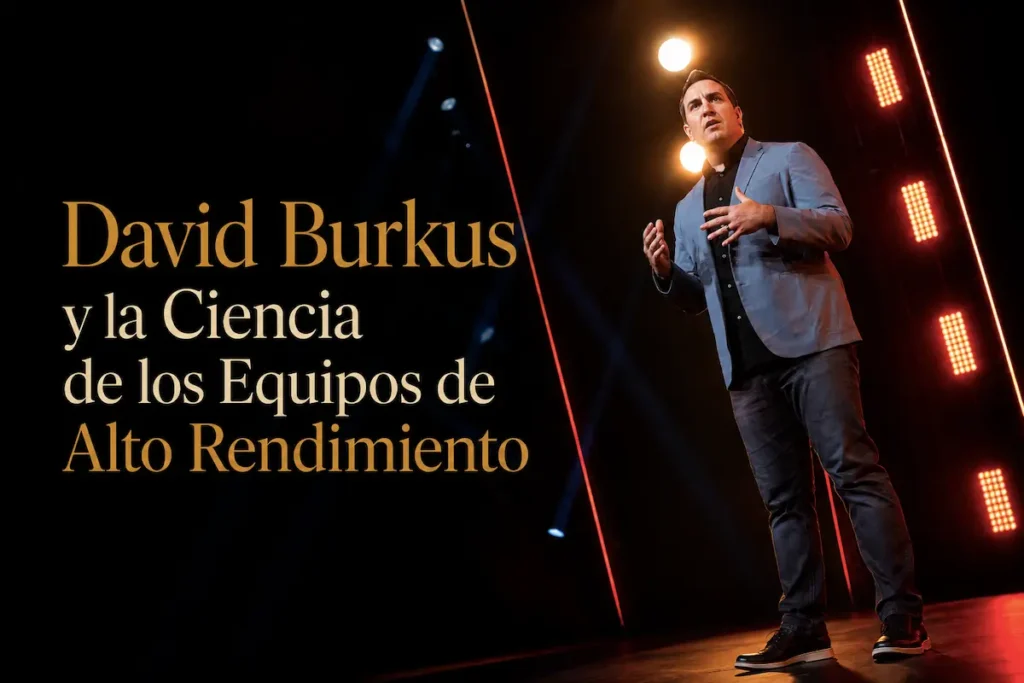 David Burkus habla en el escenario bajo una iluminación dramática, junto al título sobre la ciencia de los equipos de alto rendimiento - david burkus equipos de alto rendimiento | Aurum Speakers Bureau