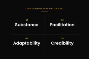 The four qualities of a great offsite speaker: substance, facilitation, adaptability, and credibility - keynote speakers for leadership offsites | Aurum Speakers Bureau
