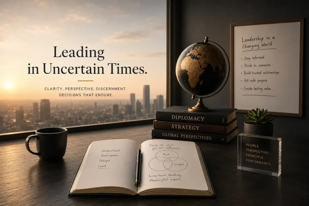 A desk with a globe, books on diplomacy and strategy, and notes on leading in uncertain times - Jorge Guajardo geopolitics | Aurum Speakers Bureau