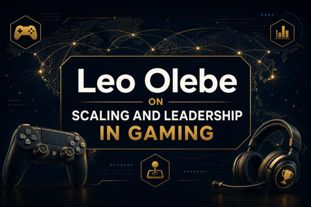Game controller, headset, and a glowing global network map beside the title Leo Olebe on Scaling and Leadership in Gaming - leo olebe scaling leadership | Aurum Speakers Bureau