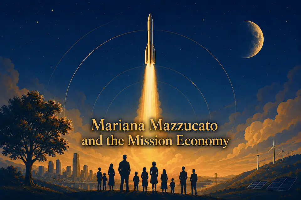 An abstract gold rocket launch against a twilight sky - Mariana Mazzucato mission economy | Aurum Speakers Bureau