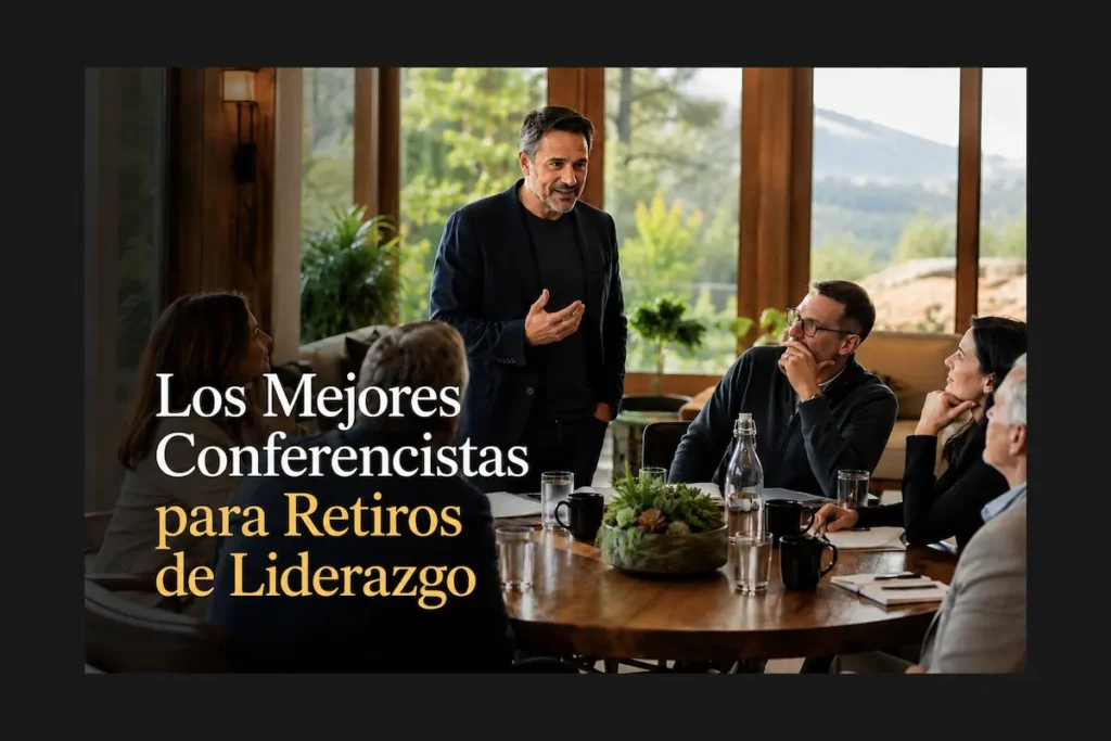 Un conferencista dirigiéndose a un grupo pequeño de ejecutivos alrededor de una mesa en un retiro, junto al título sobre los mejores conferencistas para retiros de liderazgo - conferencistas para retiros de liderazgo | Aurum Speakers Bureau