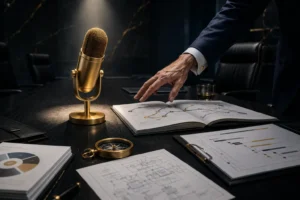 A gold microphone beside strategy documents, charts, and a compass on a boardroom table as an executive reviews them - when to book a motivational speaker | Aurum Speakers Bureau