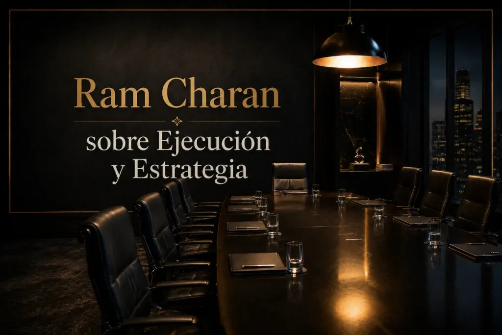 Una sala de directorio ejecutivo en penumbra con un único haz de luz sobre la mesa, junto al título sobre Ram Charan, ejecución y estrategia - ram charan ejecución y estrategia | Aurum Speakers Bureau