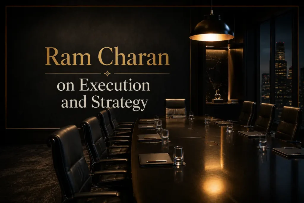 A dimly lit executive boardroom with a single pool of light on the table, beside the title Ram Charan on Execution and Strategy - ram charan execution and strategy | Aurum Speakers Bureau