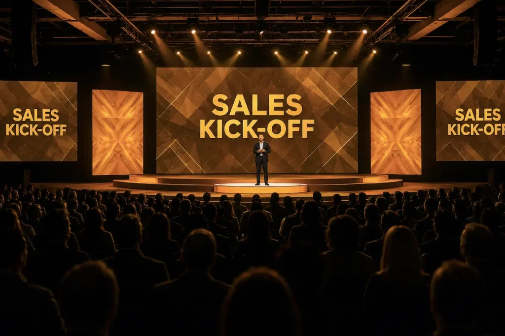 A keynote speaker on a golden Sales Kick-Off stage before a packed audience - best keynote speakers for sales kickoff events | Aurum Speakers Bureau