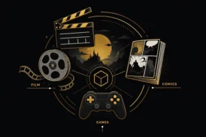 Gold-on-black illustration linking film, games, and comics around a central world - Christian Cantamessa world-building | Aurum Speakers Bureau