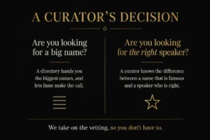 A graphic contrasting a speaker directory with a curator - famous speaker or hidden gem | Aurum Speakers Bureau