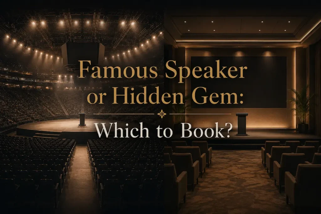 A split image contrasting a famous speaker on a big stage with a lesser-known expert engaging a small room - famous speaker or hidden gem | Aurum Speakers Bureau