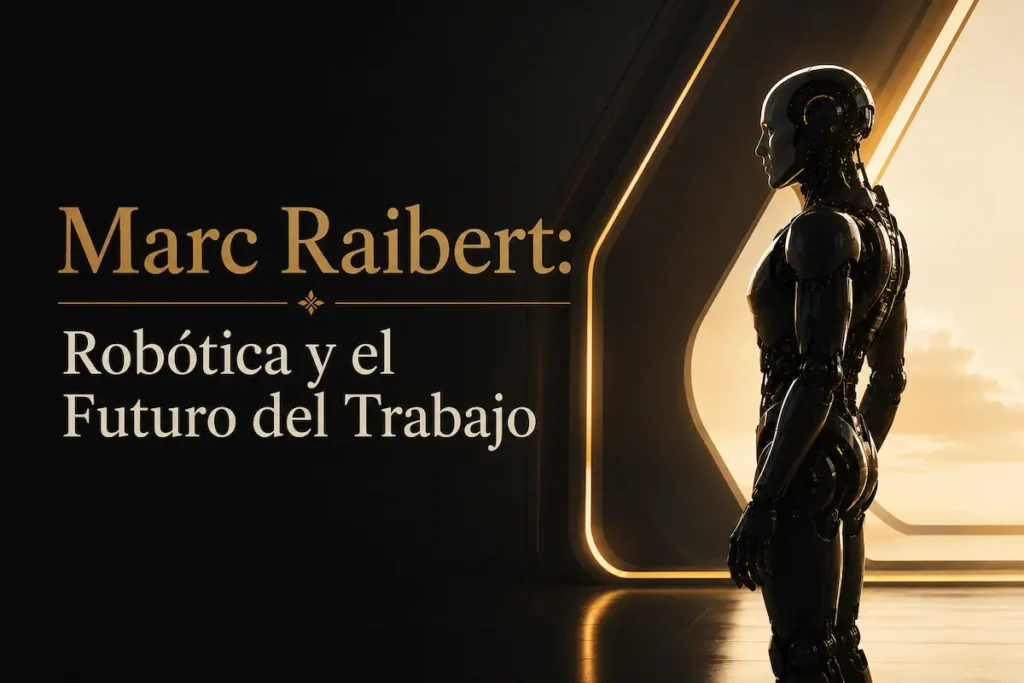 Un robot humanoide de perfil ante una luz cálida, junto al título Marc Raibert: robótica y el futuro del trabajo - marc raibert robótica | Aurum Speakers Bureau