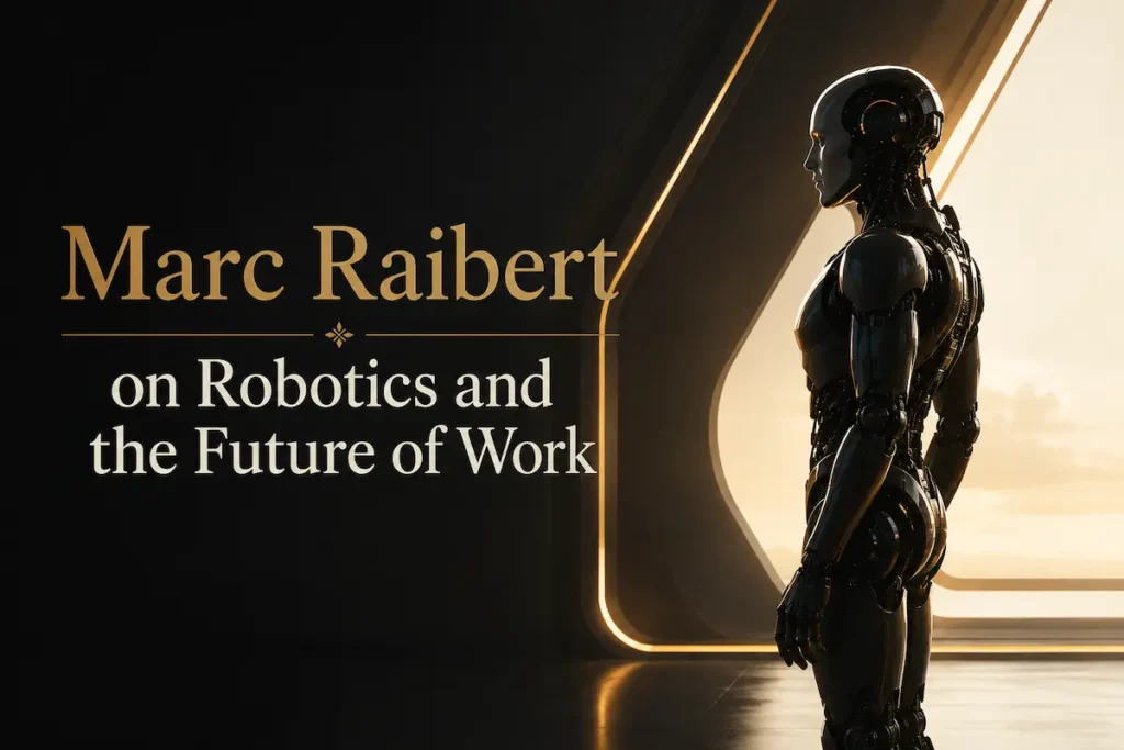 A sleek humanoid robot in profile against warm light, beside the title Marc Raibert on Robotics and the Future of Work - marc raibert robotics | Aurum Speakers Bureau