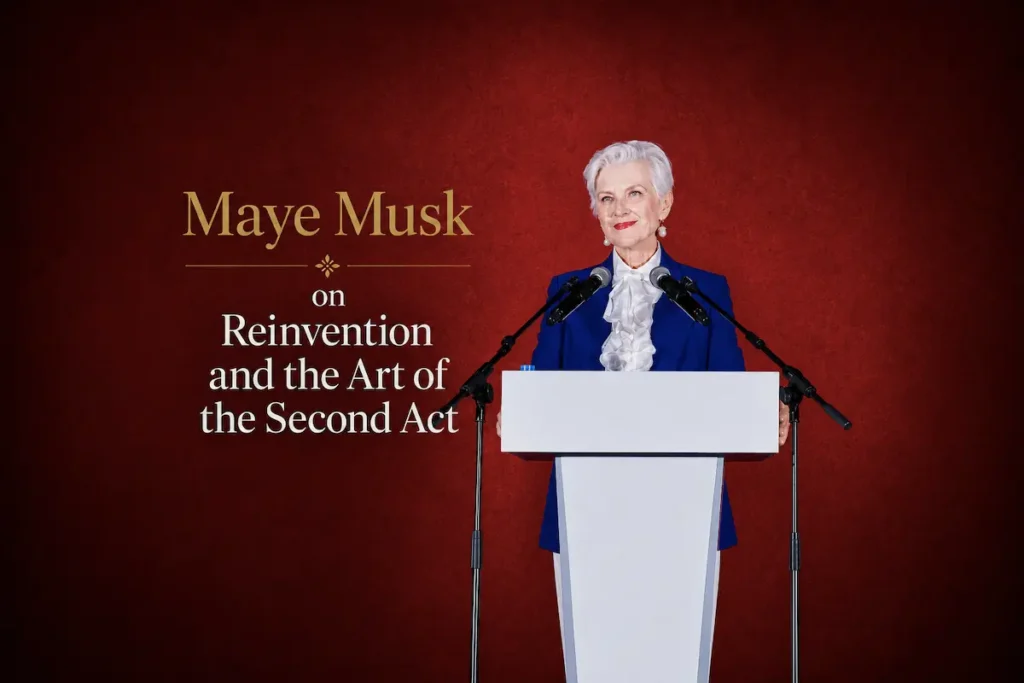 Maye Musk speaking at a podium beside the title Maye Musk on Reinvention and the Art of the Second Act - maye musk reinvention keynote | Aurum Speakers Bureau