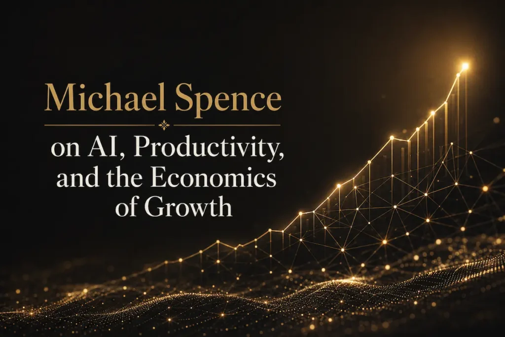An abstract graphic merging a growth graph with a neural network, beside the title Michael Spence on AI and economics - michael spence ai economics | Aurum Speakers Bureau