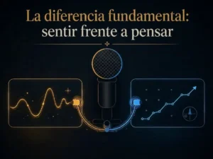Un micrófono que se divide en una onda emocional cálida y un gráfico de datos ascendente, sentir frente a pensar - conferencista motivacional vs de estrategia | Aurum Speakers Bureau