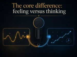 A microphone splitting into a warm emotional waveform and a cool rising data chart, feeling versus thinking - motivational vs strategy speakers | Aurum Speakers Bureau