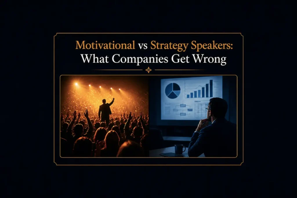 A split image contrasting an energized audience with a focused strategy session - motivational vs strategy speakers | Aurum Speakers Bureau