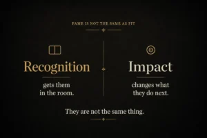 A graphic contrasting recognition and impact as two different things - famous speaker or hidden gem | Aurum Speakers Bureau