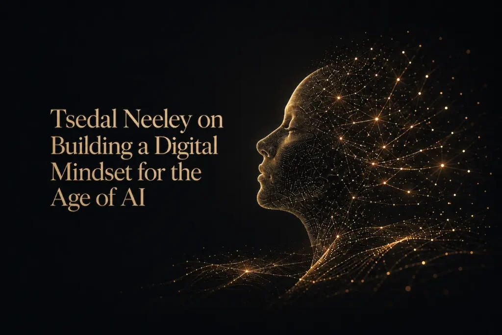 An abstract human profile formed from data points beside the title Tsedal Neeley on the digital mindset - tsedal neeley digital mindset | Aurum Speakers Bureau