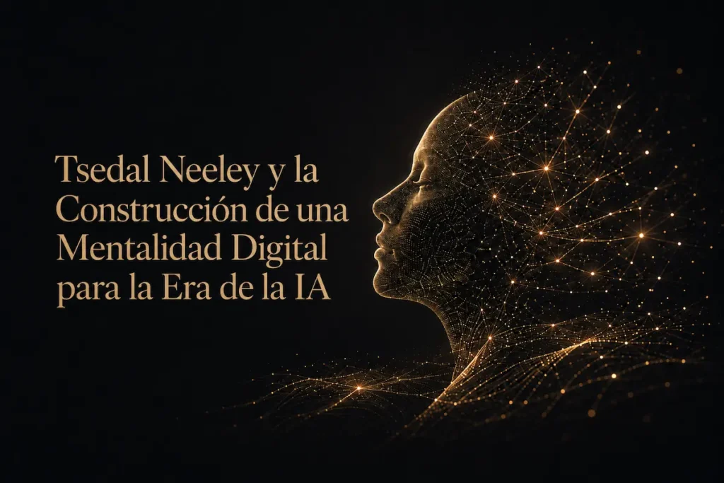 Un perfil humano abstracto formado por puntos de datos, junto al título Tsedal Neeley y la mentalidad digital - tsedal neeley mentalidad digital | Aurum Speakers Bureau