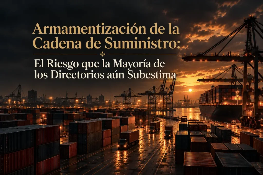 Un puerto de contenedores al atardecer en tonos editoriales oscuros que representa el riesgo de la armamentización de la cadena de suministro - armamentización de la cadena de suministro | Aurum Speakers Bureau