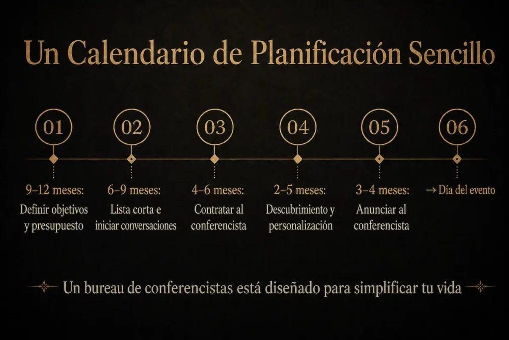 Un calendario de planificación para contratar a un conferencista, de doce meses antes hasta el día del evento - con cuánta antelación contratar conferencista | Aurum Speakers Bureau