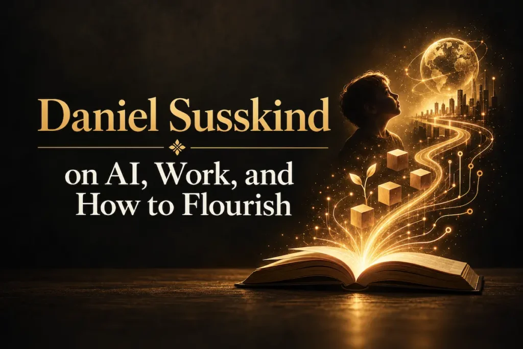 An abstract image of a book dissolving into gold light, beside the title on Daniel Susskind - daniel susskind future of work | Aurum Speakers Bureau