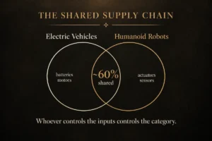 A Venn diagram showing roughly 60 percent overlap between the electric vehicle and humanoid robot supply chains - supply chain weaponization | Aurum Speakers Bureau