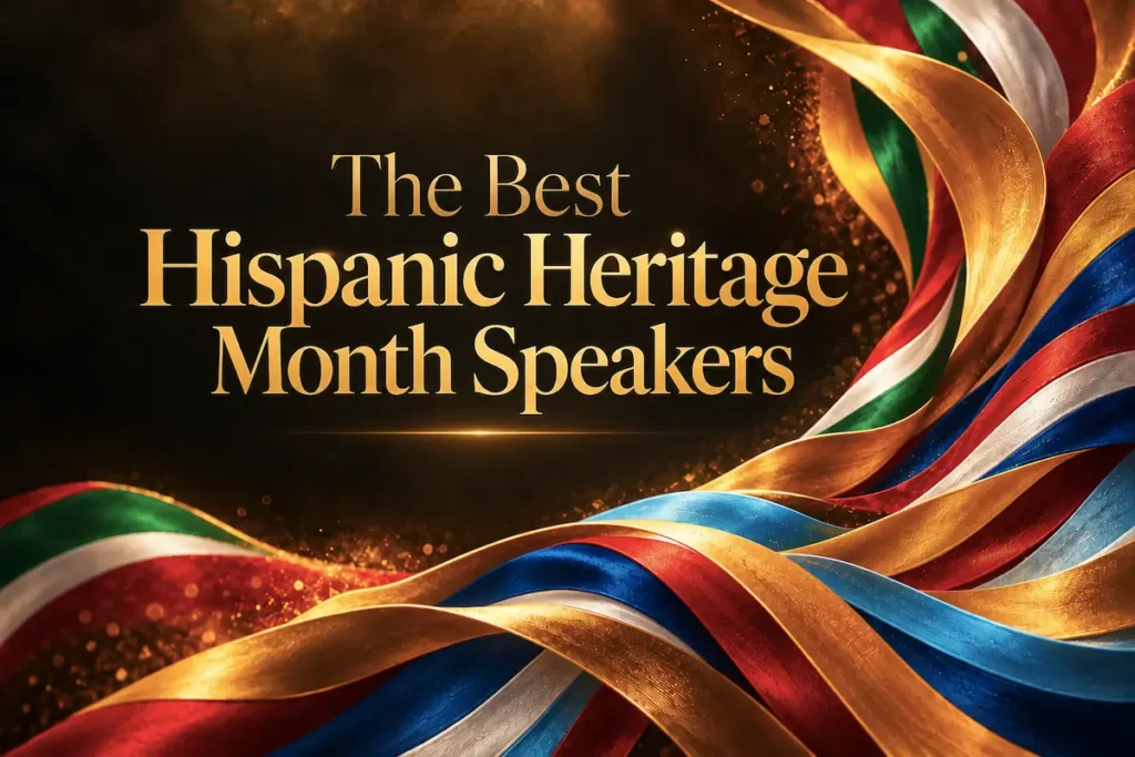 A warm abstract image in gold and color beside the title on the best Hispanic Heritage Month speakers - hispanic heritage month speakers | Aurum Speakers Bureau