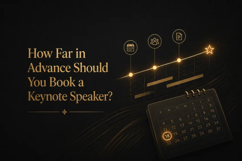 A gold timeline graphic beside the title How far in advance to book a keynote speaker - how far in advance to book a keynote speaker | Aurum Speakers Bureau