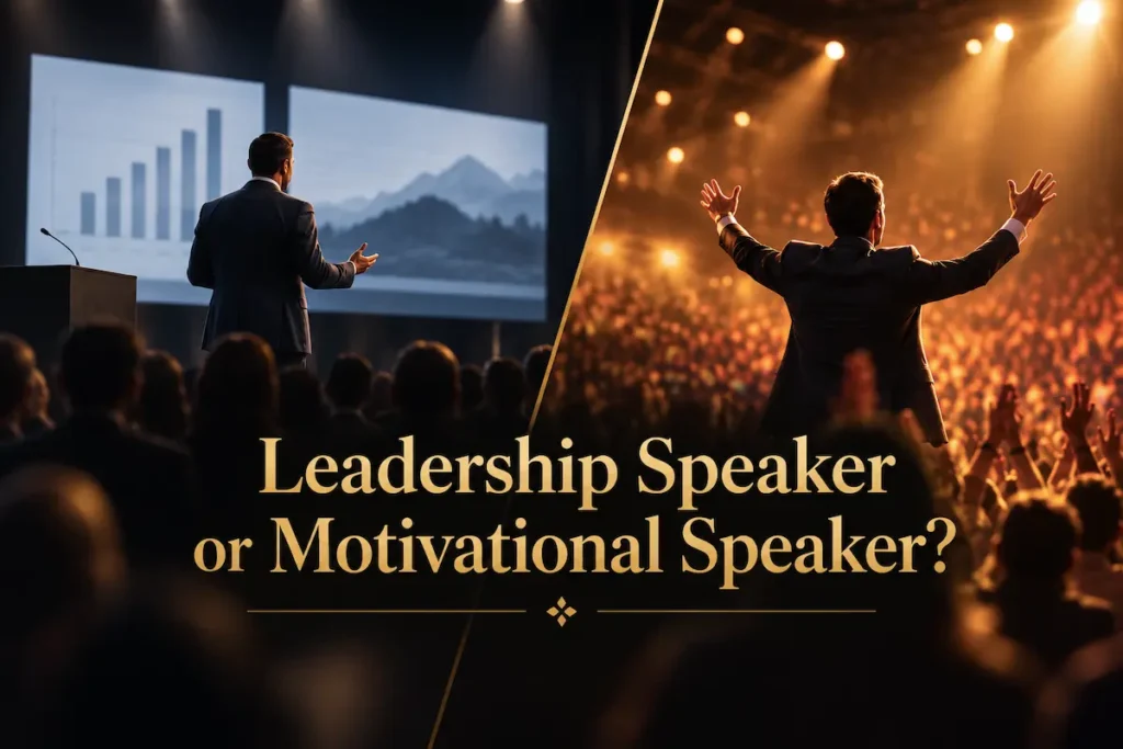 A split image contrasting a leadership speaker and a motivational speaker, beside the title on when to book each - leadership speaker vs motivational speaker | Aurum Speakers Bureau