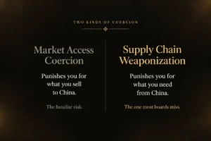 A graphic contrasting market access coercion with supply chain weaponization - supply chain weaponization | Aurum Speakers Bureau