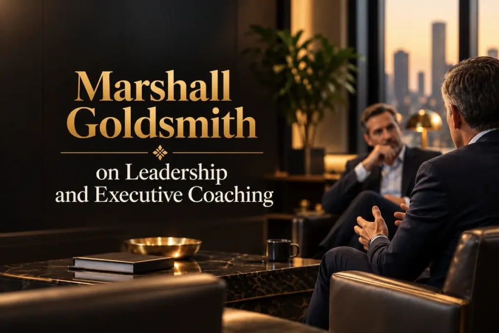 An abstract gold form suggesting self-reflection, beside the title on Marshall Goldsmith - marshall goldsmith executive coaching | Aurum Speakers Bureau