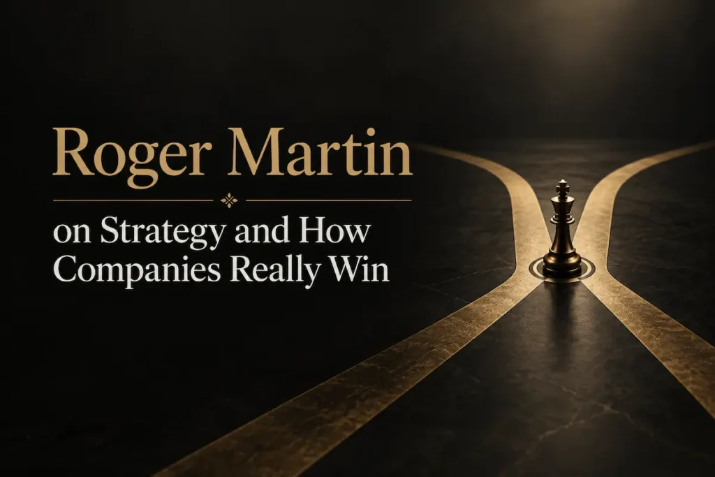 An abstract image of diverging gold paths representing strategic choice, beside the title on Roger Martin - roger martin strategy | Aurum Speakers Bureau