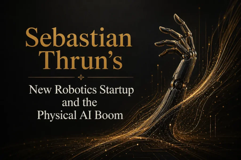 An abstract robotic form emerging from gold data lines beside the title on Sebastian Thrun's robotics startup - sebastian thrun robotics startup | Aurum Speakers Bureau