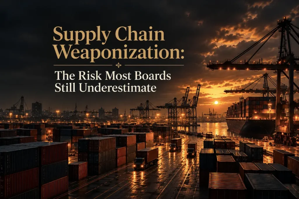 A container port at dusk in dark editorial tones representing supply chain weaponization risk - supply chain weaponization | Aurum Speakers Bureau