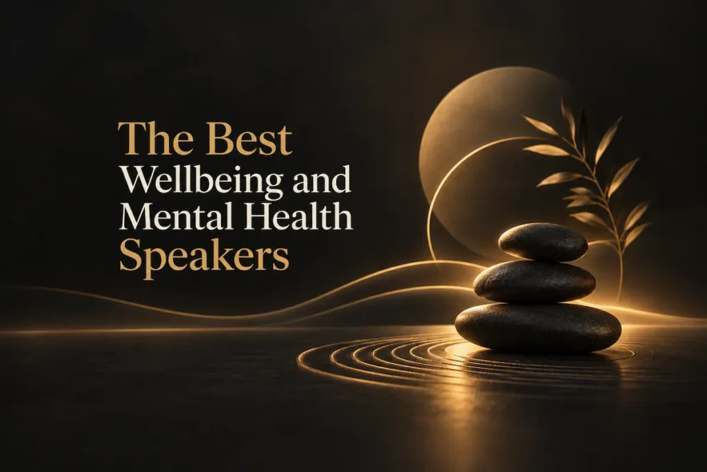 A calm abstract image in gold and charcoal beside the title on the best wellbeing and mental health speakers - wellbeing and mental health speakers | Aurum Speakers Bureau