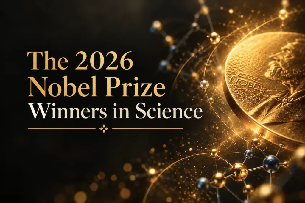 An abstract gold image evoking scientific discovery, beside the title on the 2026 Nobel Prize winners in science - 2026 nobel prize winners in science | Aurum Speakers Bureau